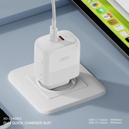 Netwerkoplader met USB-C Kabel XO Design L140, 35W, 3A, 2 x USB-C, Wit