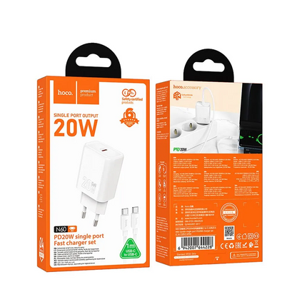 Chargeur réseau avec câble Lightning HOCO N60, 20W, 3A, 1 x USB-C, Blanc