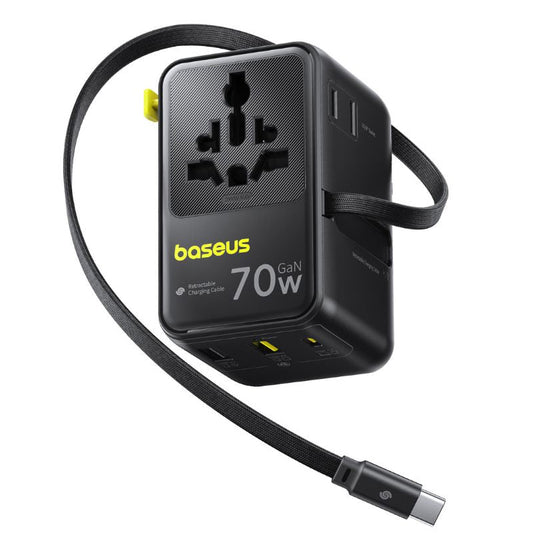 Chargeur secteur avec câble USB-C Baseus Travel EnerCore CG11, 70W, 2 x prise - 1 x USB-C - 2 x USB-A, Noir E0307E00