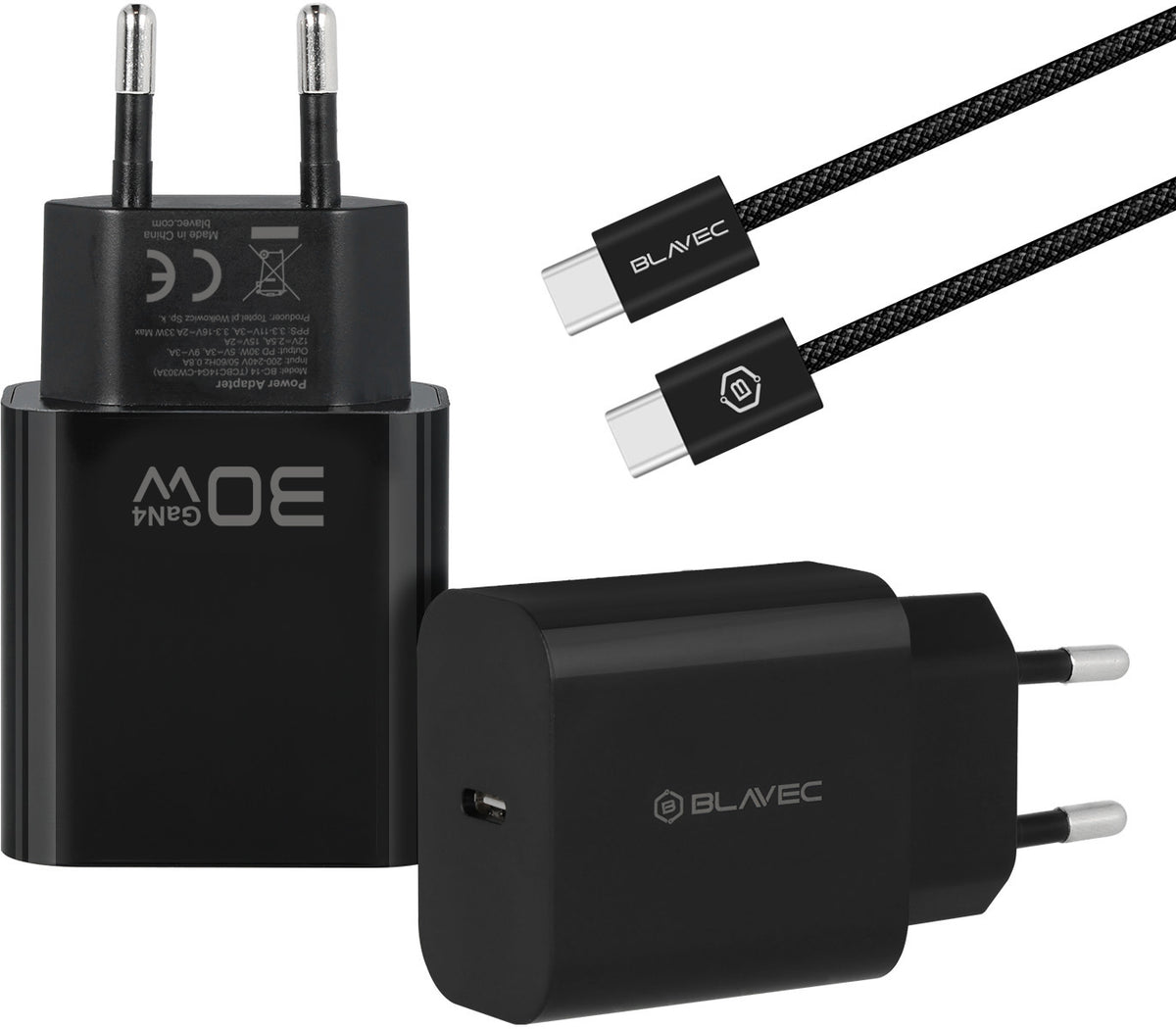 Blavec BC-14-netadapter met USB-C-kabel, 30 W, 3 A, 1 x USB-C, zwart