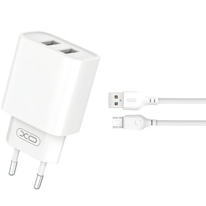 Chargeur réseau avec câble microUSB XO Design CE02C, 10,5W, 2,1A, 2 x USB-A, blanc 