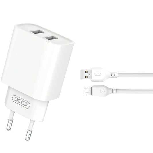 Chargeur réseau avec câble microUSB XO Design CE02C, 10,5W, 2,1A, 2 x USB-A, blanc 