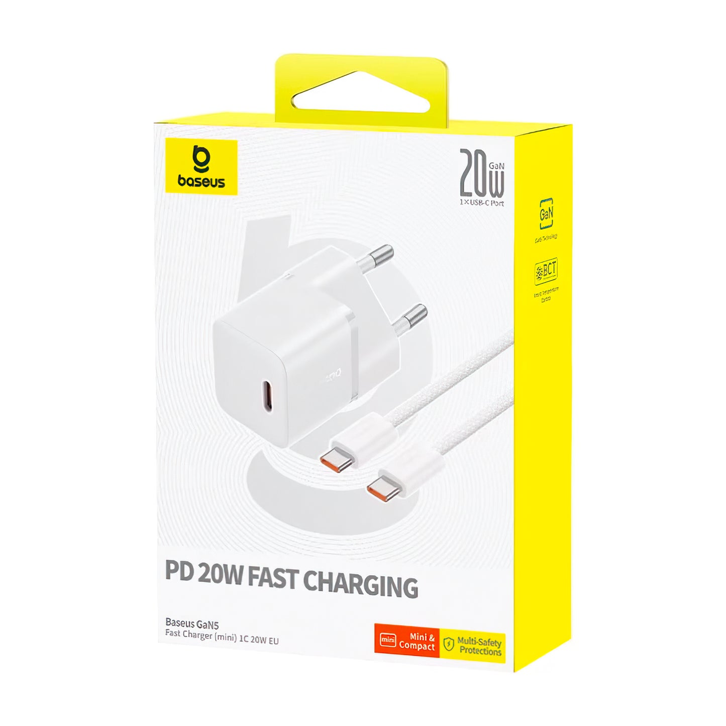 Chargeur Réseau avec Câble USB-C Baseus GaN5, 20W, 3A, 1 x USB-C, Blanc P10110900213-01