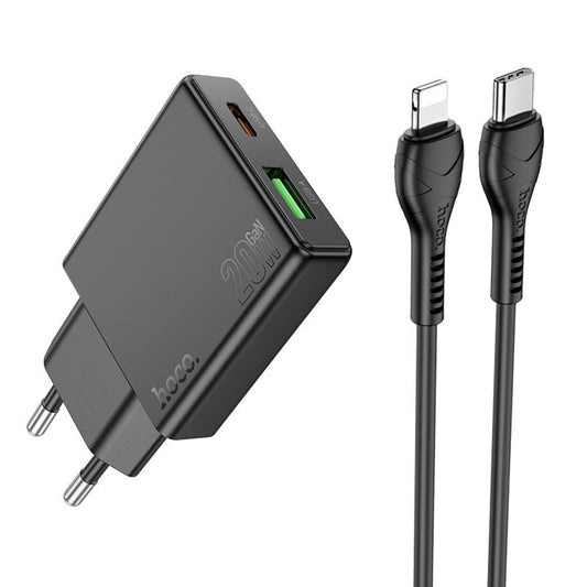 Chargeur réseau avec câble Lightning HOCO N38, 20W, 3A, 1 x USB-A - 1 x USB-C, Noir