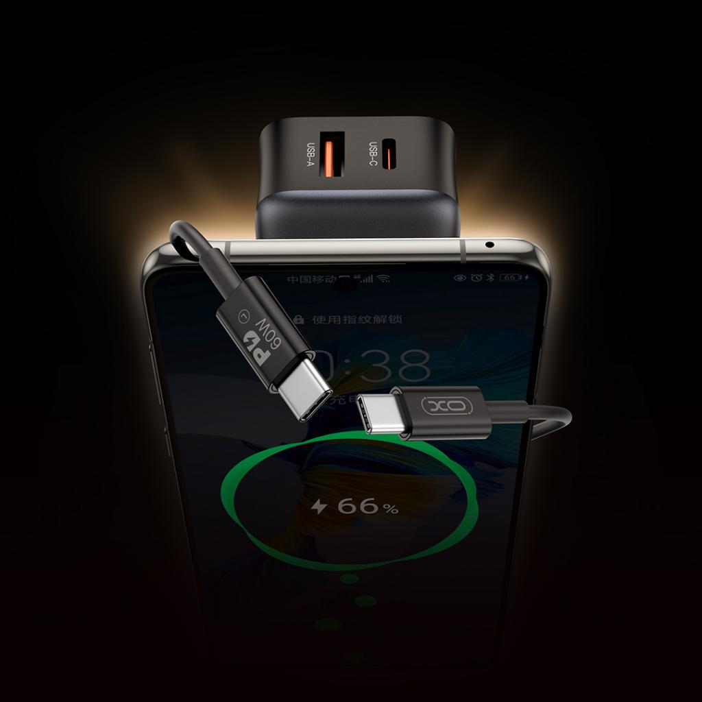 Netzladegerät mit USB-C Kabel XO Design L154, 20W, 3A, 1 x USB-A - 1 x USB-C, Schwarz