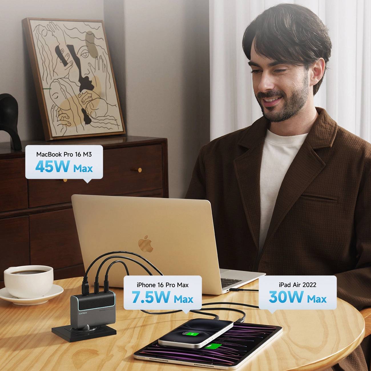 Netwerkoplader met USB-C Kabel Cuktech, 100W, 5A, 1 x USB-A - 2 x USB-C, Grijs CUKAD1003EUG