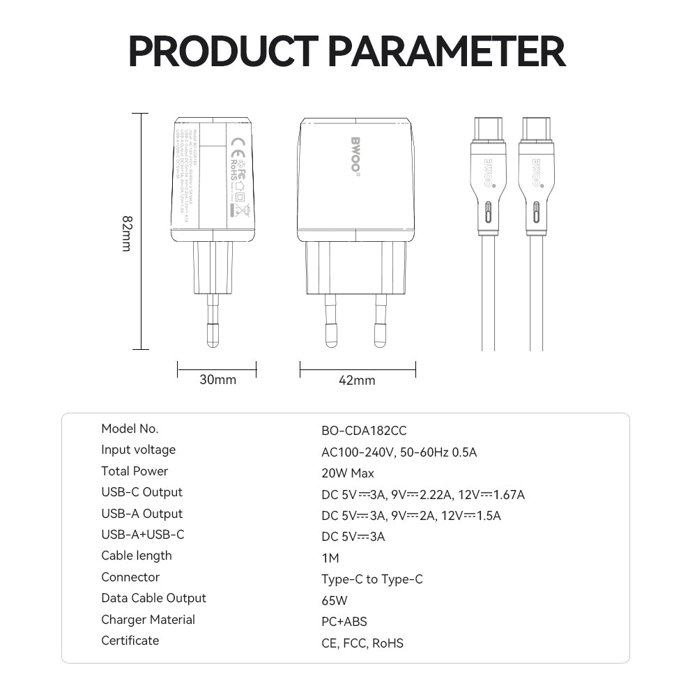 Netzladegerät mit USB-C Kabel BWOO CDA182, 38W, 3A, 1 x USB-A - 1 x USB-C, Weiß