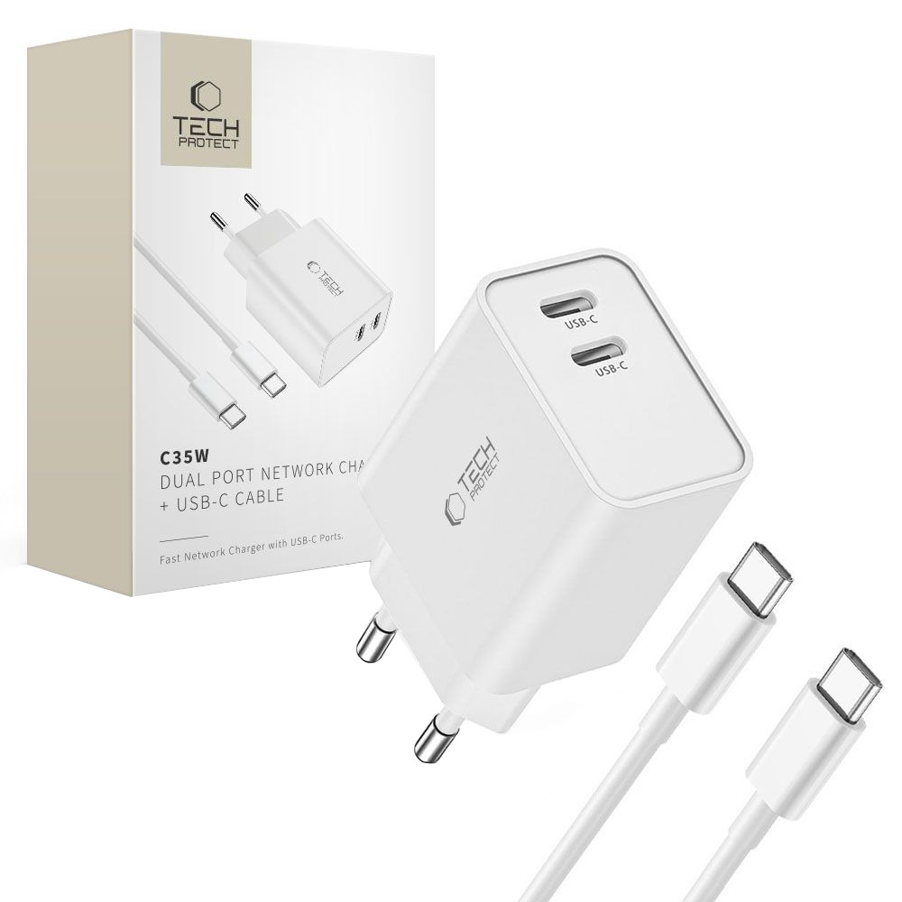 Chargeur secteur avec câble USB-C Tech-Protect C35W, 35W, 3A, 2 x USB-C, Blanc