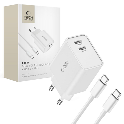 Chargeur secteur avec câble USB-C Tech-Protect C35W, 35W, 3A, 2 x USB-C, Blanc