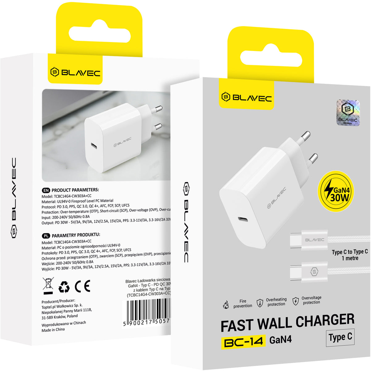 Blavec BC-14 USB-C-netadapter met kabel, 30 W, 3 A, 1 x USB-C, wit