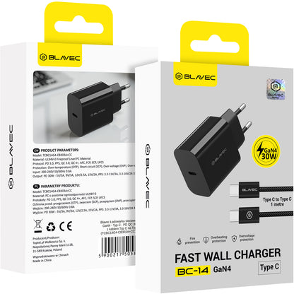 Blavec BC-14-netadapter met USB-C-kabel, 30 W, 3 A, 1 x USB-C, zwart
