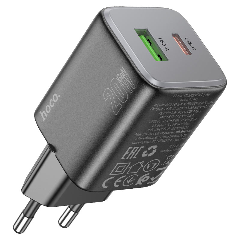 Netzladegerät mit Lightning-Kabel HOCO N41, 20W, 3A, 1 x USB-A - 1 x USB-C, Schwarz