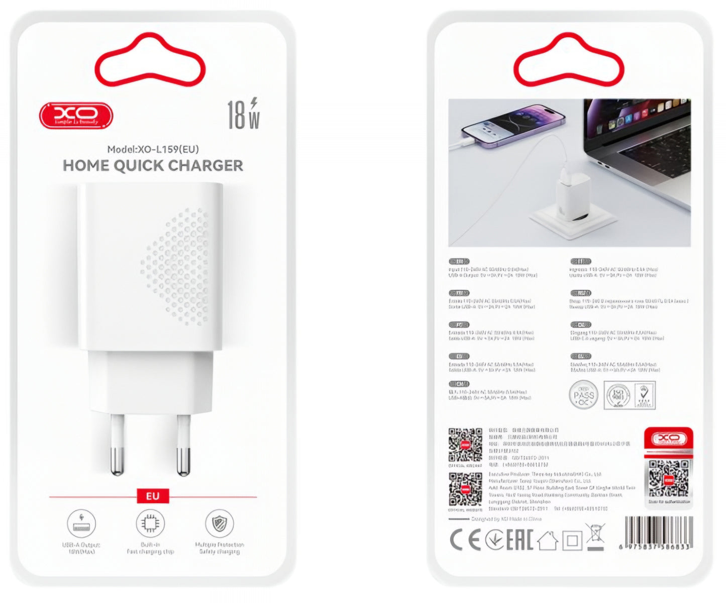 Netwerkoplader met microUSB-kabel XO Design L159, 18W, 3A, 1 x USB-A, Wit