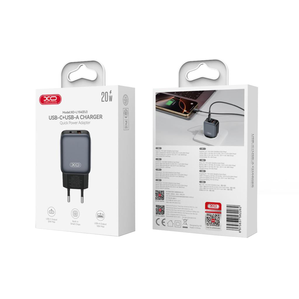 Netzladegerät mit USB-C Kabel XO Design L154, 20W, 3A, 1 x USB-A - 1 x USB-C, Schwarz