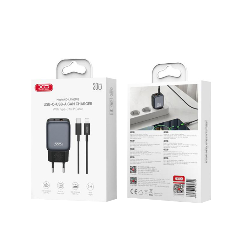 Netwerkoplader met Lightning-kabel XO Design L156, 30W, 3A, 1 x USB-A - 1 x USB-C, Zwart