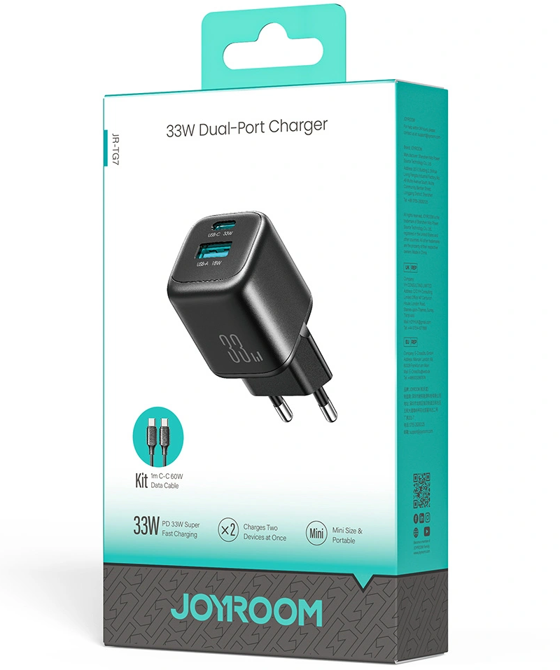 Netlader met USB-C-kabel Joyroom JR-TG7, 33W, 3A, 1 x USB-A - 1 x USB-C, Zwart
