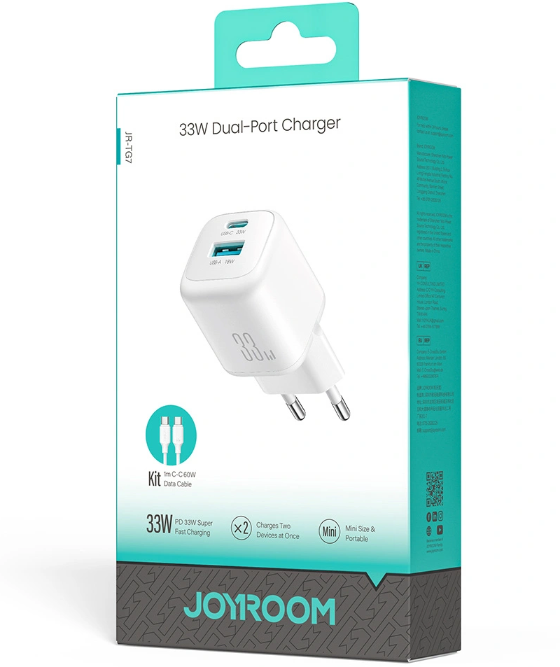 Netlader met USB-C-kabel Joyroom JR-TG7, 33W, 3A, 1 x USB-A - 1 x USB-C, Wit