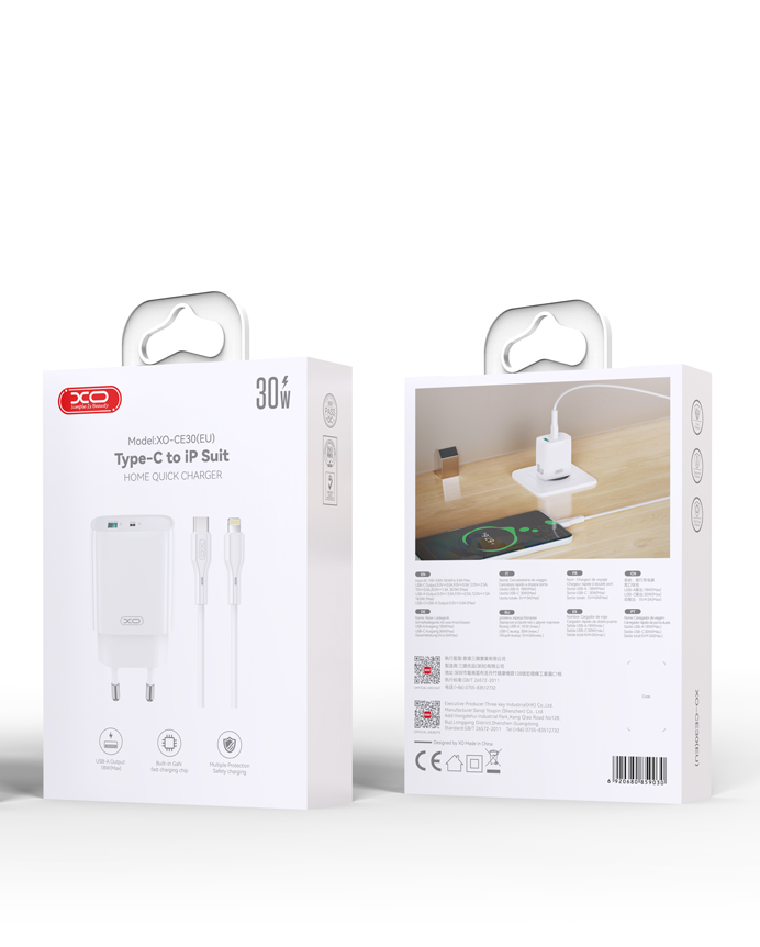 Chargeur réseau avec câble Lightning XO Design CE30, 30W, 3A, 1 x USB-A - 1 x USB-C, Blanc