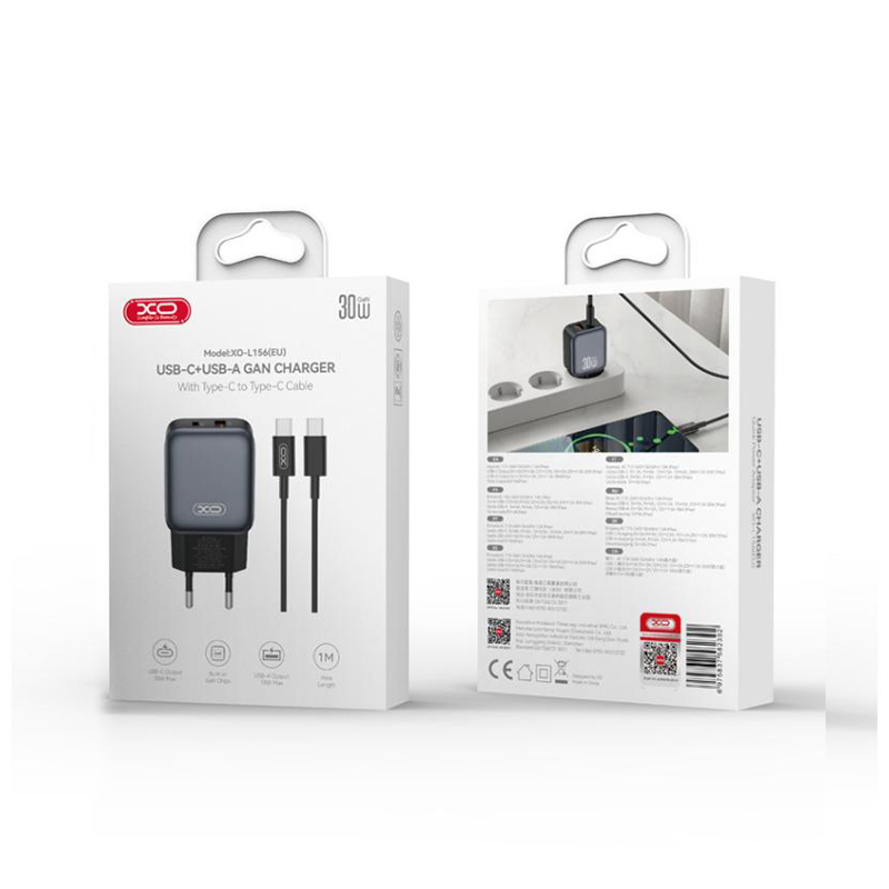Netzladegerät mit USB-C Kabel XO Design L156, 30W, 3A, 1 x USB-A - 1 x USB-C, Schwarz