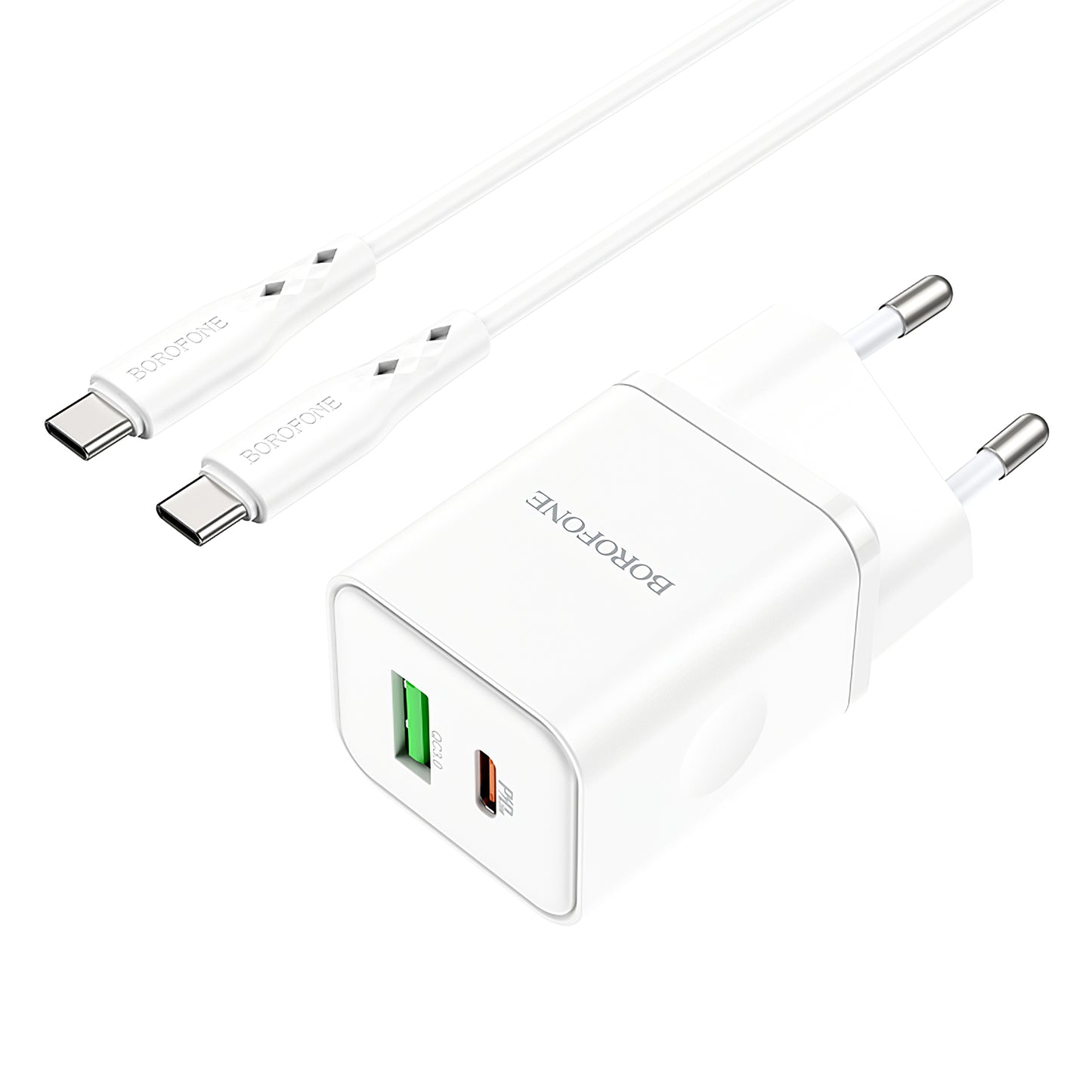 Chargeur réseau avec câble USB-C Borofone BN7, 20W, 3A, 1 x USB-A - 1 x USB-C, blanc 