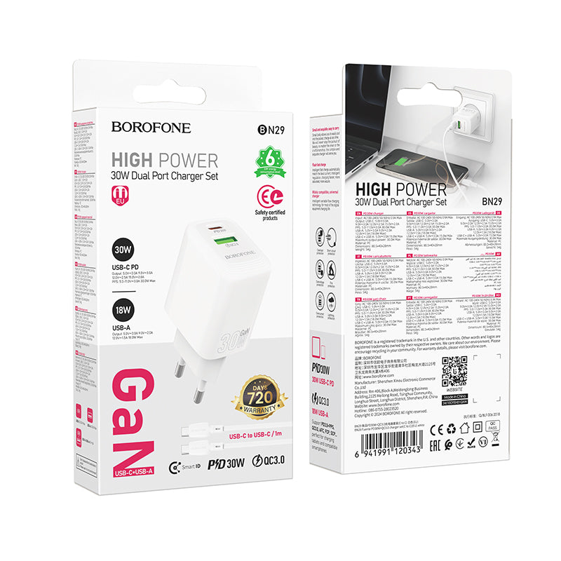 Netwerkoplader met USB-C Kabel Borofone BN29 Fuente, 30W, 3A, 1 x USB-A - 1 x USB-C, Wit