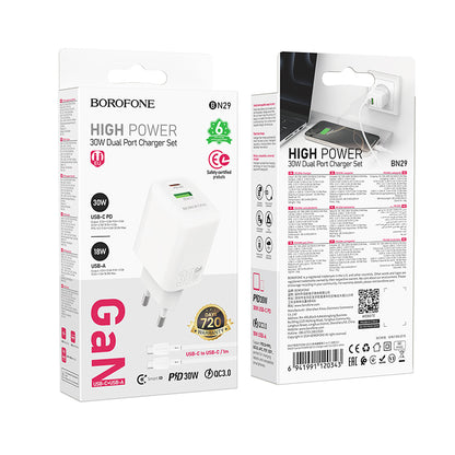 Netwerkoplader met USB-C Kabel Borofone BN29 Fuente, 30W, 3A, 1 x USB-A - 1 x USB-C, Wit