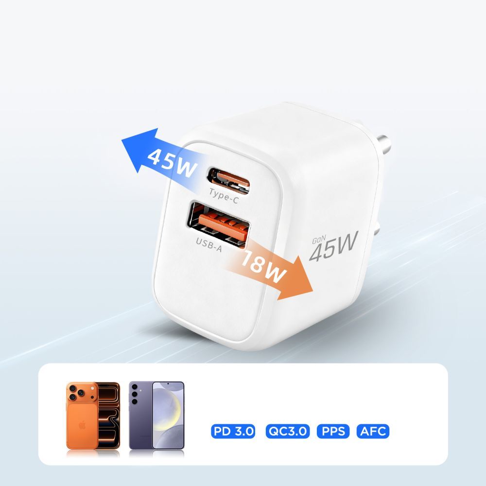 Chargeur réseau avec câble USB-C Tech-Protect NCA45W, 45W, 3A, 1 x USB-A - 1 x USB-C, Blanc