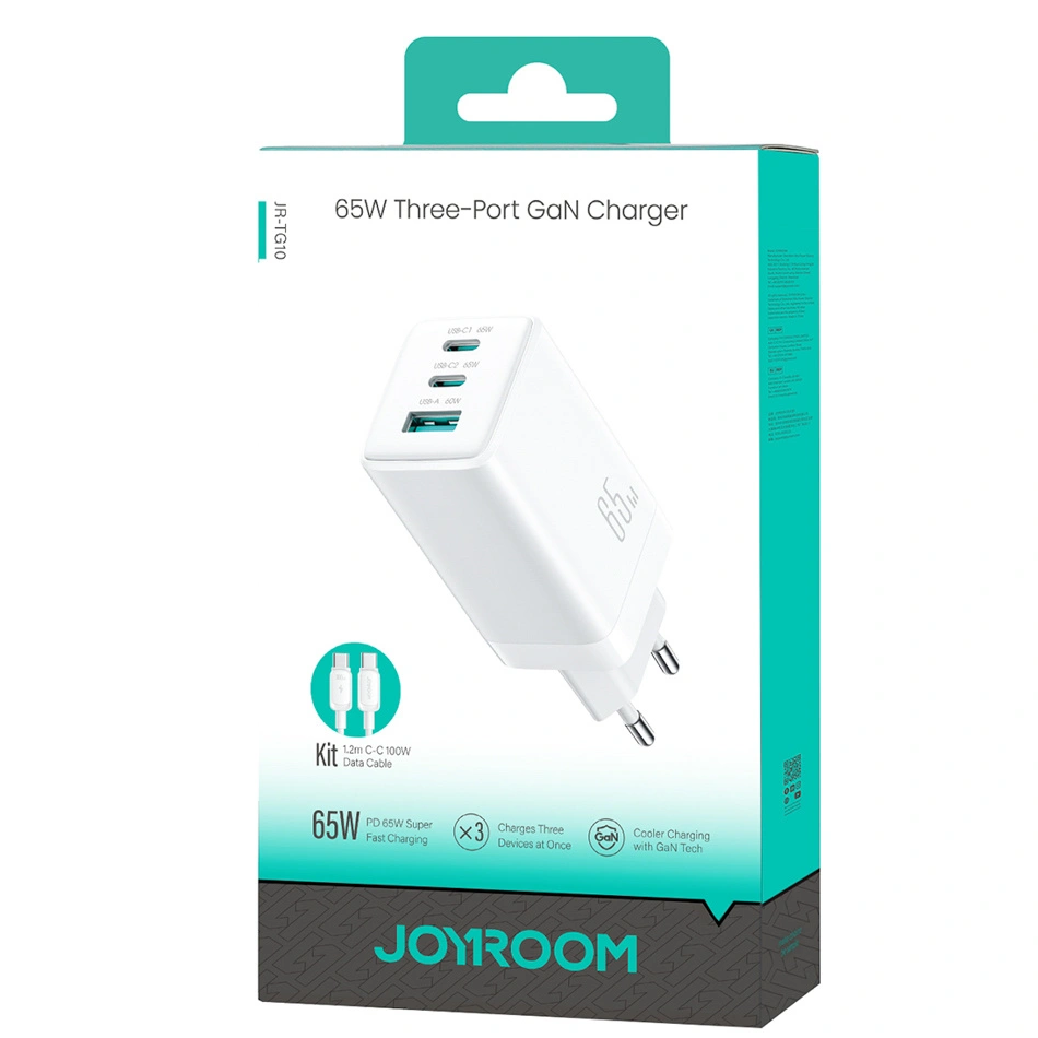 Netwerkoplader met USB-C Kabel Joyroom JR-TG10, 65W, 3.25A, 1 x USB-A - 2 x USB-C, Wit