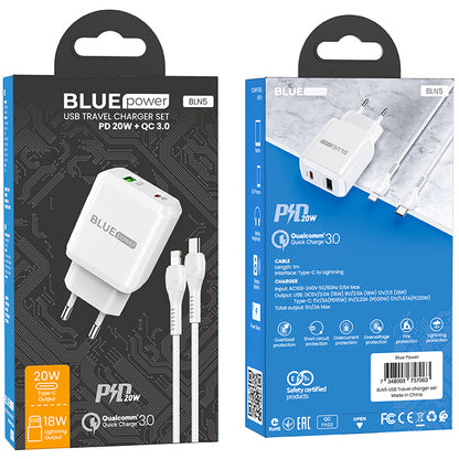 BLUE Power BLN5, 20W, 3A, 1 x USB-A - 1 x USB-C, Blanc