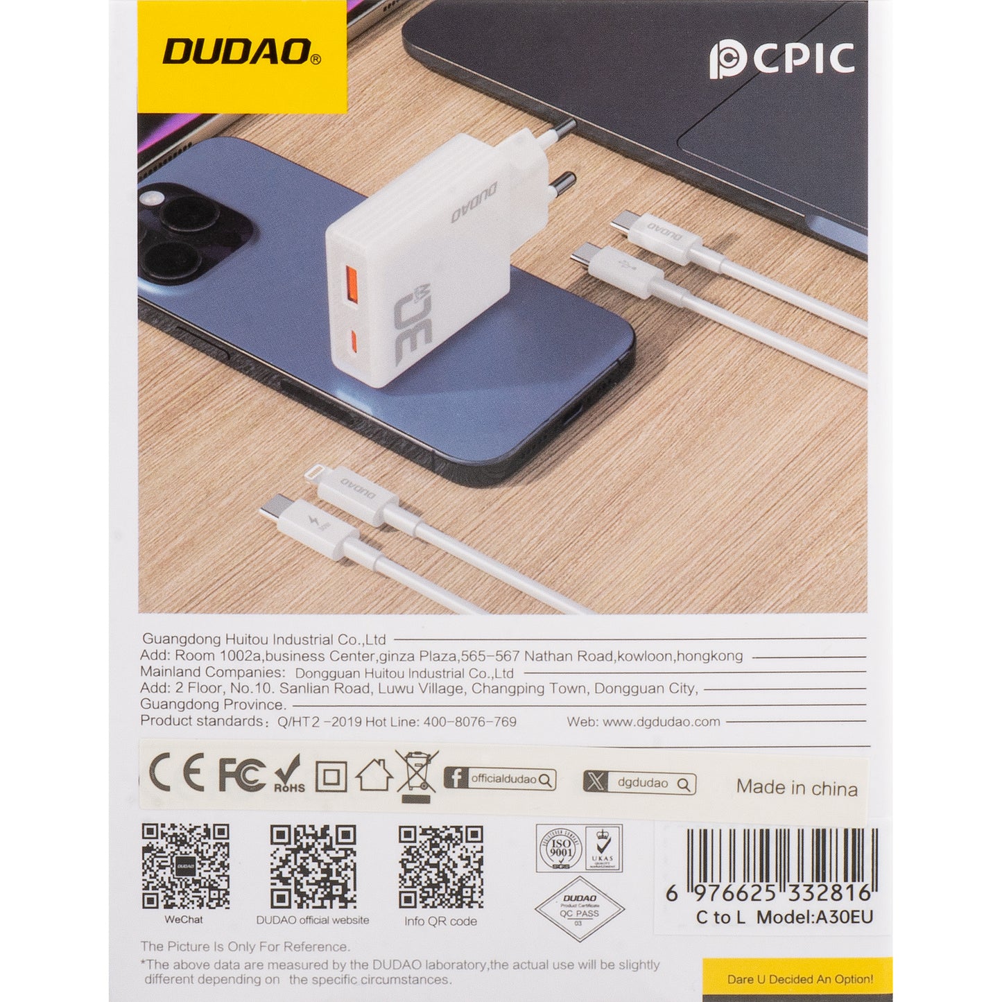 Dudao A30EUL Chargeur réseau avec câble Lightning, 30W, 3A, 1 x USB-A - 1 x USB-C, blanc 