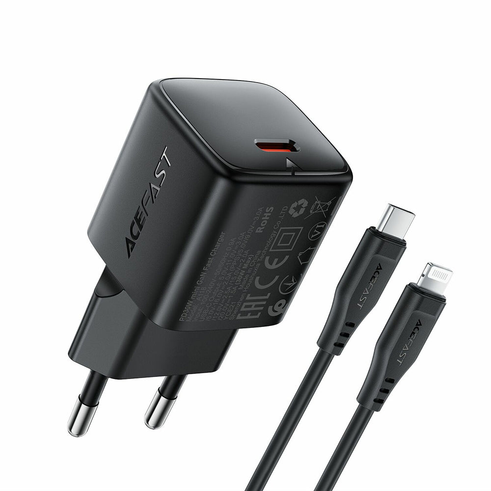 Netzteil mit Lightning-Kabel Acefast A118, 30W, 3A, 1 x USB-C, Schwarz