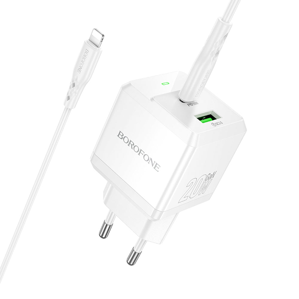 Netwerkoplader met Lightning-kabel Borofone BN19 Intenso, 20W, 3A, 1 x USB-A - 1 x USB-C, Wit
