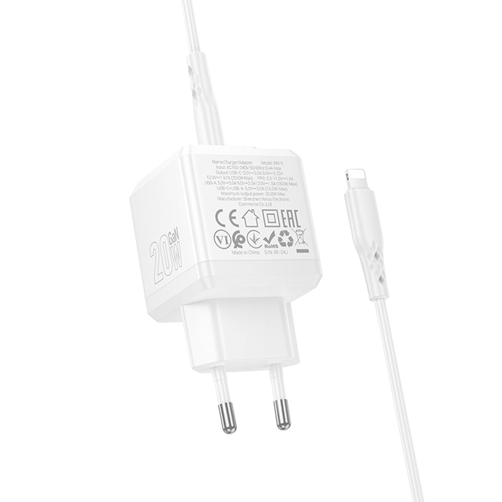 Netwerkoplader met Lightning-kabel Borofone BN19 Intenso, 20W, 3A, 1 x USB-A - 1 x USB-C, Wit