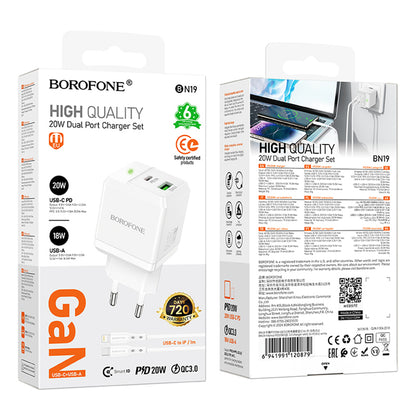 Netwerkoplader met Lightning-kabel Borofone BN19 Intenso, 20W, 3A, 1 x USB-A - 1 x USB-C, Wit