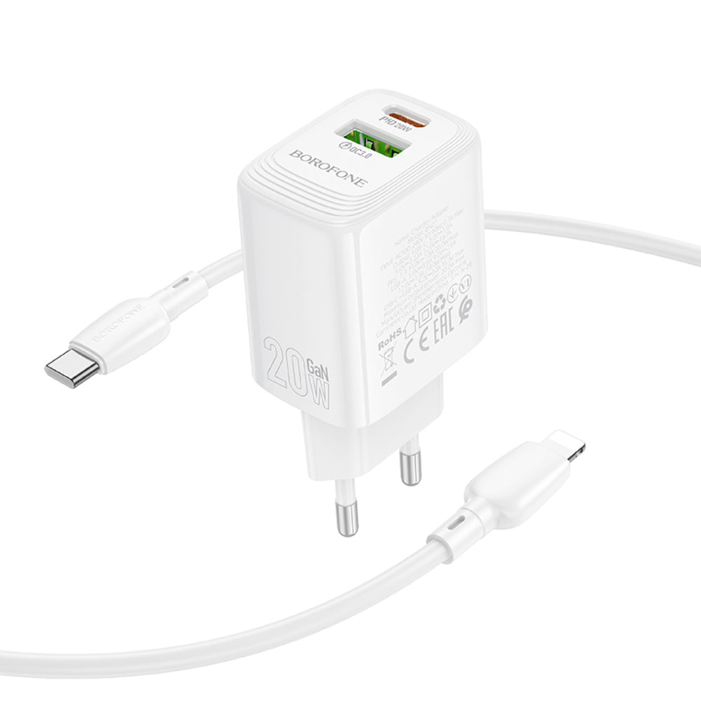 Netzladegerät mit Lightning-Kabel Borofone BN27 Fuente, 20W, 3A, 1 x USB-A - 1 x USB-C, Weiß
