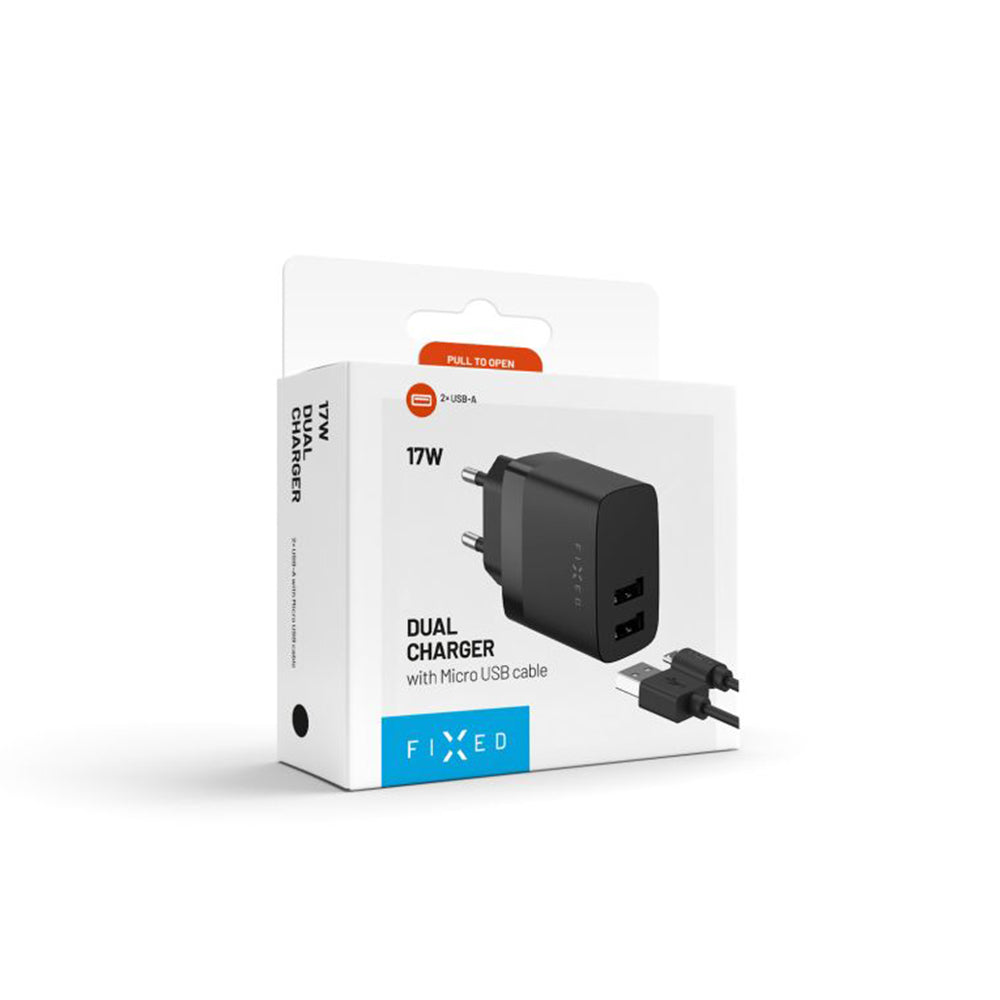 Fixed Network Charger with microUSB Cable, 17W, 3A, 2 x USB-A, Black