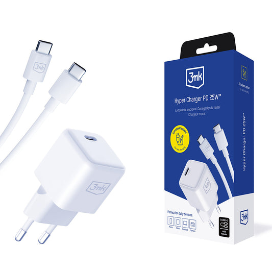 Netzladegerät mit USB-C Kabel 3MK Hyper, 25W, 3A, 1 x USB-C, Weiß