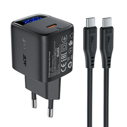 Netzladegerät mit USB-C Kabel Acefast A113 Display, 20W, 3A, 1 x USB-C, Schwarz