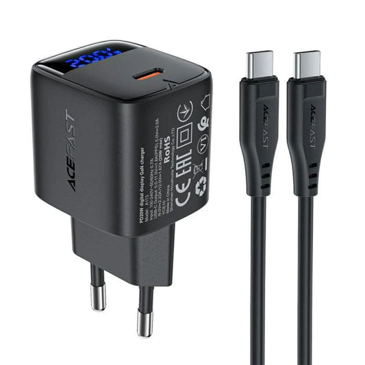 Netwerkoplader met USB-C Kabel Acefast A113 Display, 20W, 3A, 1 x USB-C, Zwart