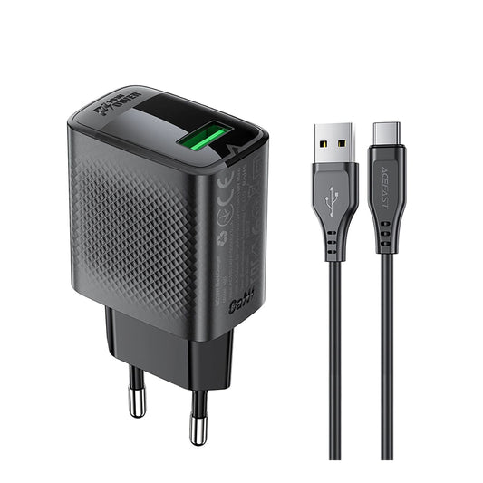 Netwerkoplader met USB-C Kabel Acefast A90, 18W, 3A, 1 x USB-A, Zwart