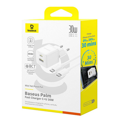 Netwerkoplader met USB-C Kabel Baseus Palm, 30W, 3A, 1 x USB-A - 1 x USB-C, Wit P1011160A213-01