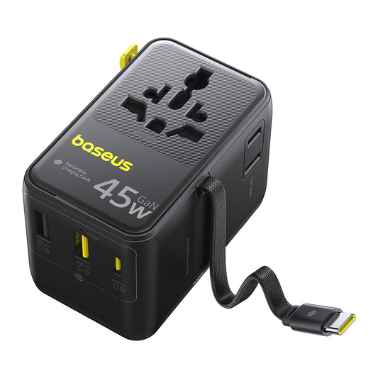 Netzteil mit USB-C-Kabel Baseus Travel PicoGo AG11, 45W, 2 x Steckdose - 1 x USB-C - 2 x USB-A, Schwarz E0307F00