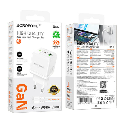 Network Charger with USB-C Cable Borofone BN19 Intenso, 20W, 3A, 1 x USB-A - 1 x USB-C, White