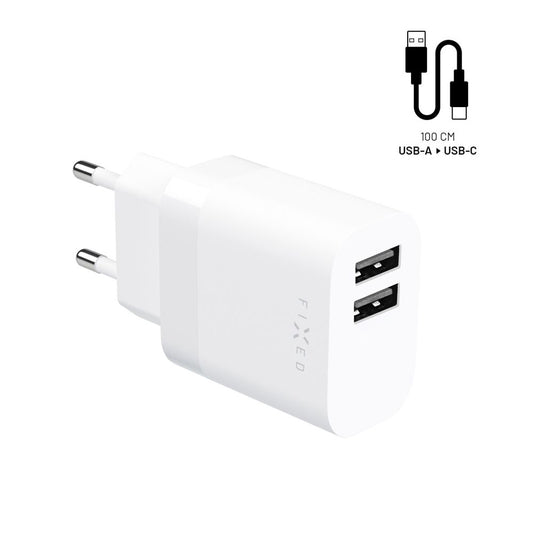 Netwerkoplader met USB-C kabel Fixed, 17W, 3A, 2 x USB-A, Wit