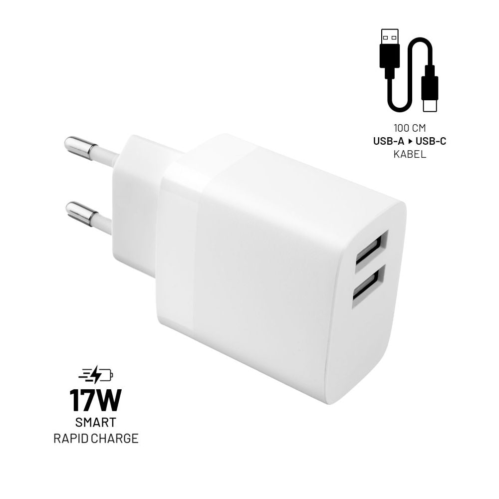 Netzladegerät mit USB-C Kabel Fixed, 17W, 3A, 2 x USB-A, Weiß