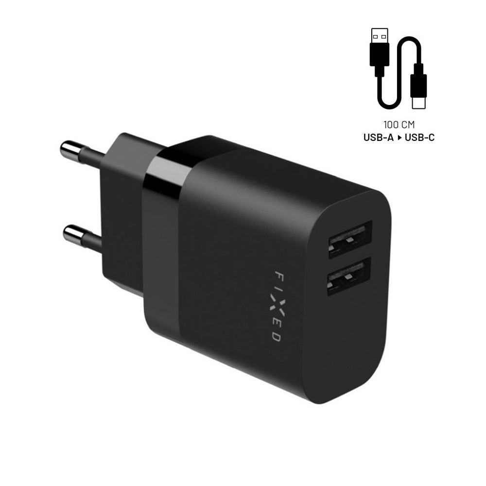 Netwerkoplader met USB-C kabel Fixed, 17W, 3A, 2 x USB-A, Zwart
