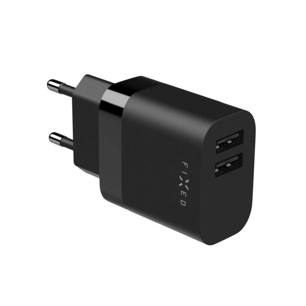Netwerkoplader met USB-C kabel Fixed, 17W, 3A, 2 x USB-A, Zwart