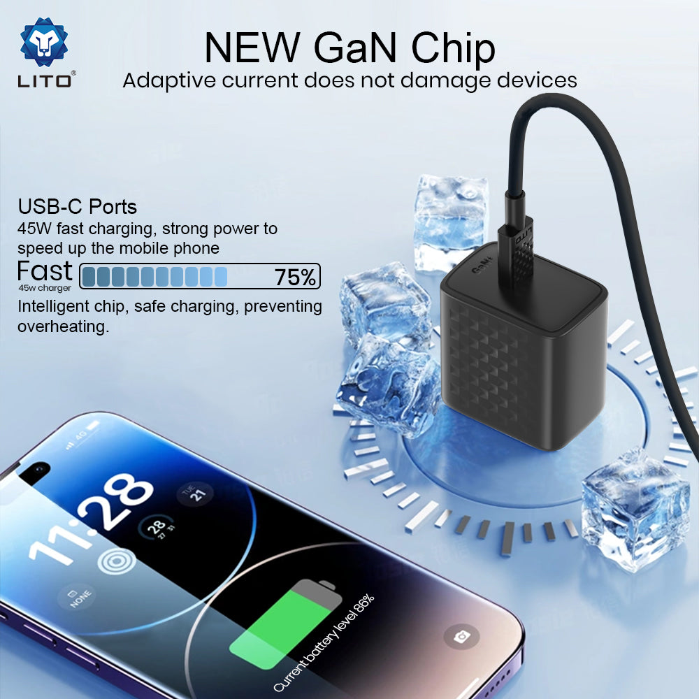 Netwerkoplader met USB-C Kabel Lito LC20T, 45W, 3A, 1 x USB-C, Zwart