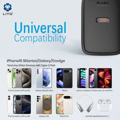 Netwerkoplader met USB-C Kabel Lito LC20T, 45W, 3A, 1 x USB-C, Zwart