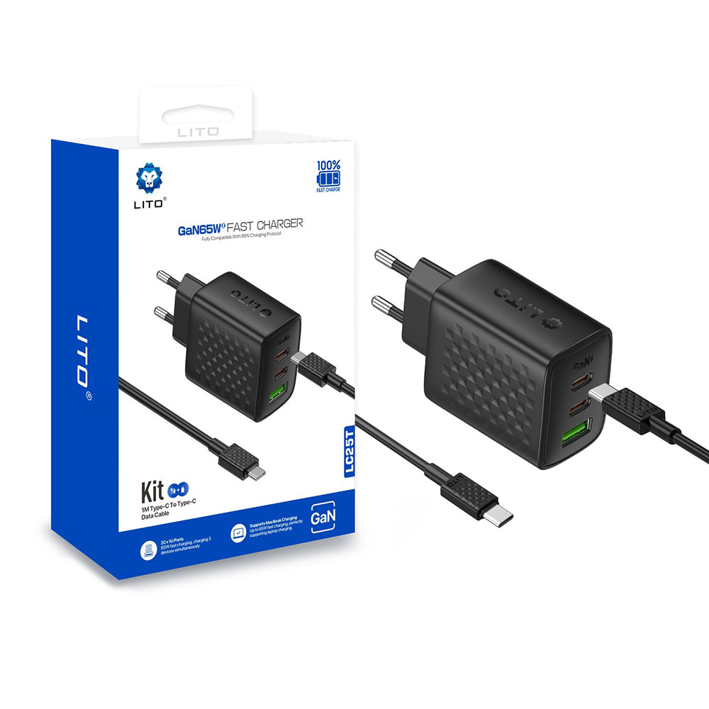 Netwerkoplader met USB-C Kabel Lito LC25T, 65W, 3.25A, 1 x USB-A - 2 x USB-C, Zwart